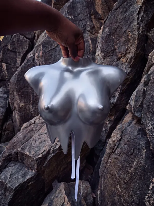 Metallic_Silver_Melted_Female_Form_Breastplate_–_Hard_Shell_Drip_Crop_Top|_Model_Height_5.8inch_,_Fabric_All_Way_Stretchable