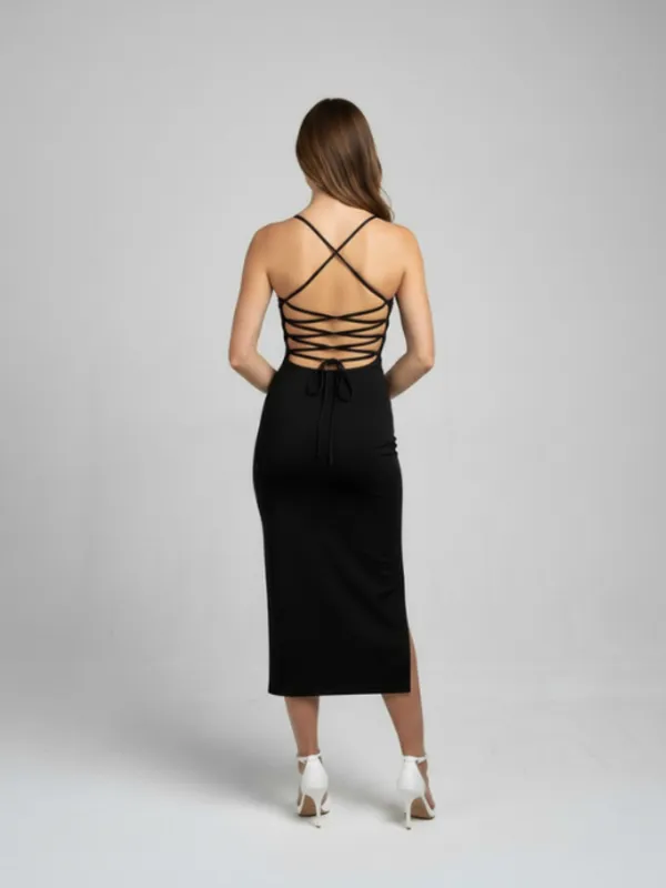 Black_Elegant_Backless_Lace-Up_Evening_Dress_For_Women|_Model_Height_5.8inch_,_Fabric_All_Way_Stretchable