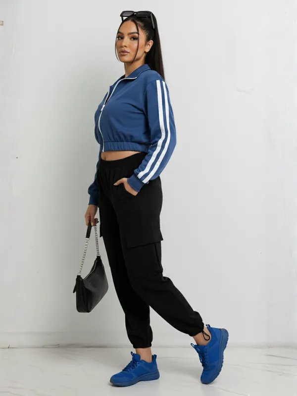 Ekeshwara_Women's_Blue_Zip-Up_Crop_Jacket_&_Black_Cargo_Joggers_Set|_Model_Height_5.8inch_,_Fabric_All_Way_Stretchable