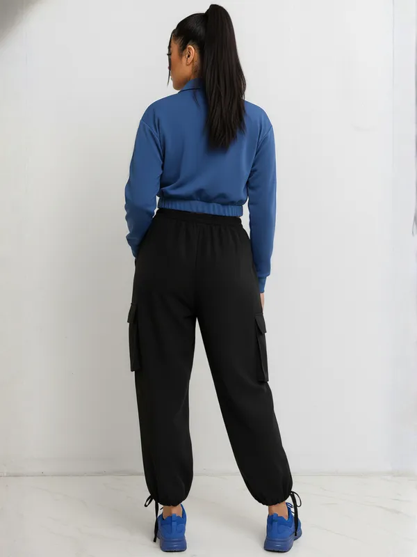 Ekeshwara_Women's_Blue_Zip-Up_Crop_Jacket_&_Black_Cargo_Joggers_Set|_Model_Height_5.8inch_,_Fabric_All_Way_Stretchable