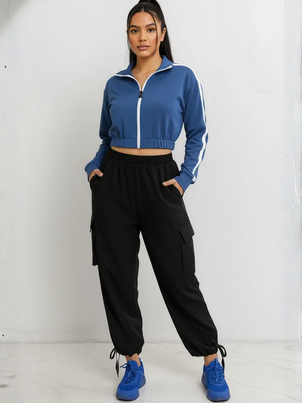 Ekeshwara_Women's_Blue_Zip-Up_Crop_Jacket_&_Black_Cargo_Joggers_Set|_Model_Height_5.8inch_,_Fabric_All_Way_Stretchable