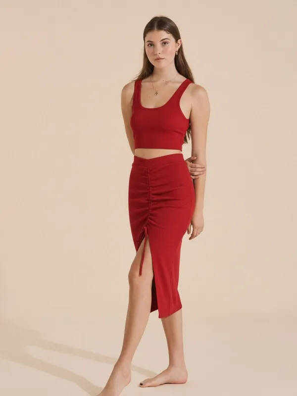 Red_Ruched_Crop_Top_&_Midi_Skirt_Set_For_Women|_Model_Height_5.8inch_,_Fabric_All_Way_Stretchable