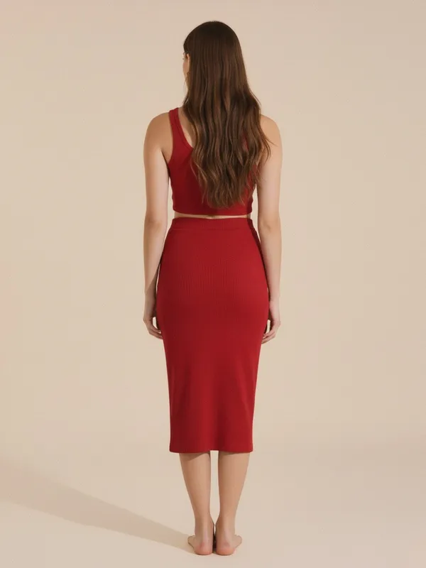 Red_Ruched_Crop_Top_&_Midi_Skirt_Set_For_Women|_Model_Height_5.8inch_,_Fabric_All_Way_Stretchable