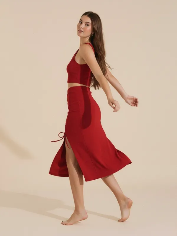 Red_Ruched_Crop_Top_&_Midi_Skirt_Set_For_Women|_Model_Height_5.8inch_,_Fabric_All_Way_Stretchable