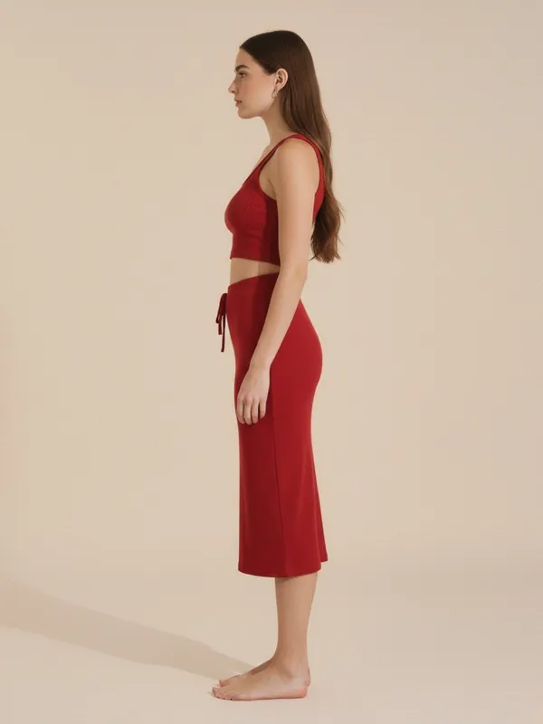 Red_Ruched_Crop_Top_&_Midi_Skirt_Set_For_Women|_Model_Height_5.8inch_,_Fabric_All_Way_Stretchable