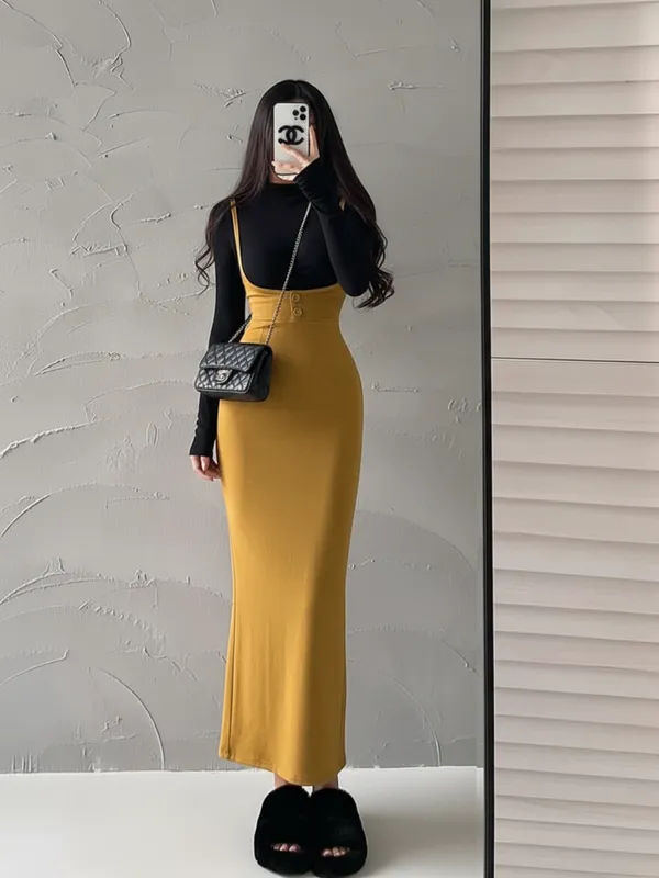 Mustard_Yellow_Overall_Style_Fitted_Maxi_Dress_For_Women|_Model_Height_5.8inch_,_Fabric_All_Way_Stretchable