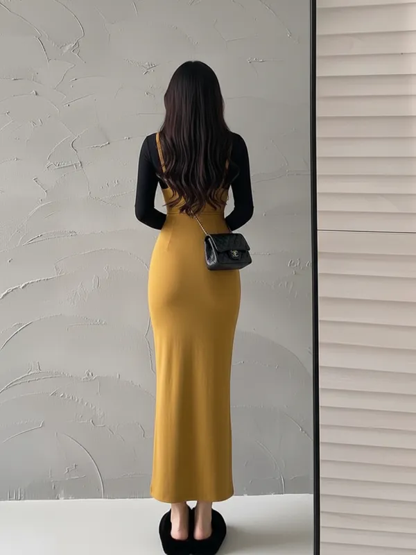 Mustard_Yellow_Overall_Style_Fitted_Maxi_Dress_For_Women|_Model_Height_5.8inch_,_Fabric_All_Way_Stretchable