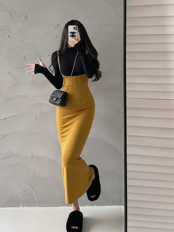 Mustard_Yellow_Overall_Style_Fitted_Maxi_Dress_For_Women|_Model_Height_5.8inch_,_Fabric_All_Way_Stretchable