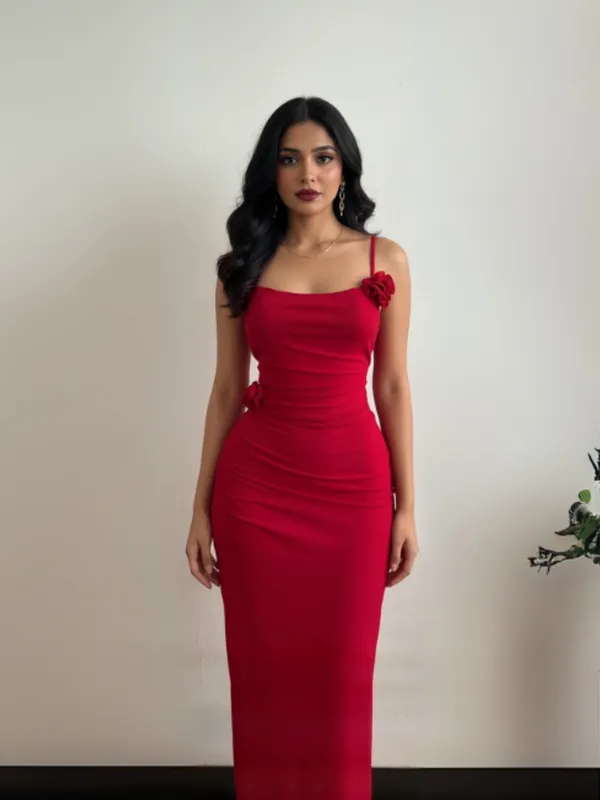 Red_Floral_Accent_Strappy_Back_Maxi_Dress_For_Women|_Model_Height_5.8inch_,_Fabric_All_Way_Stretchable