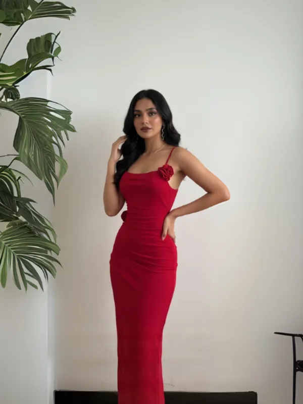 Red_Floral_Accent_Strappy_Back_Maxi_Dress_For_Women|_Model_Height_5.8inch_,_Fabric_All_Way_Stretchable