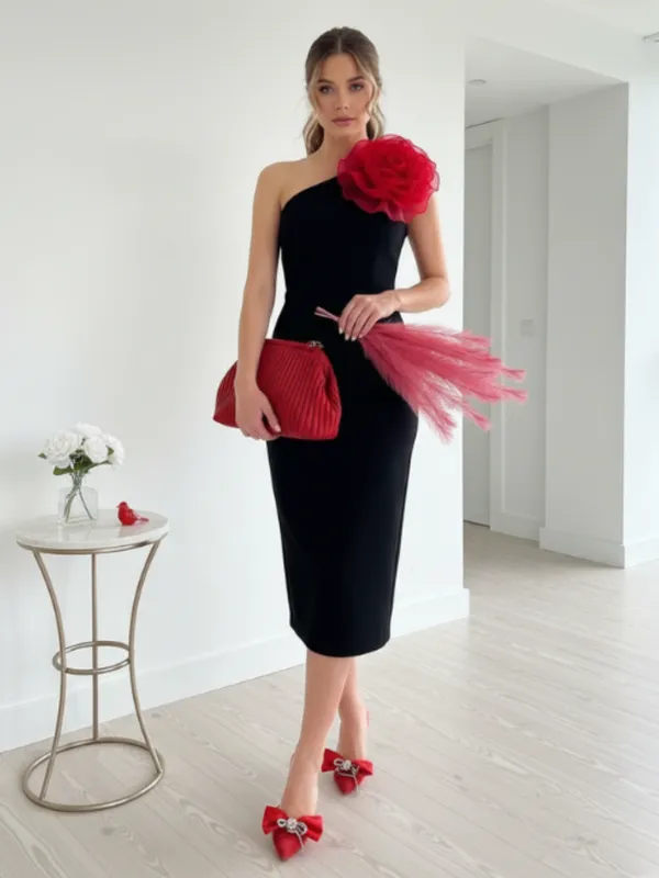 Black_Elegant_One-Shoulder_Midi_Dress_For_Women|_Model_Height_5.8inch_,_Fabric_All_Way_Stretchable