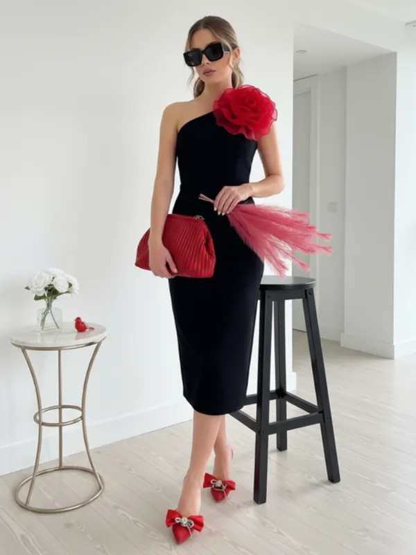 Black_Elegant_One-Shoulder_Midi_Dress_For_Women|_Model_Height_5.8inch_,_Fabric_All_Way_Stretchable