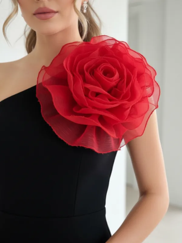 Black_Elegant_One-Shoulder_Midi_Dress_For_Women|_Model_Height_5.8inch_,_Fabric_All_Way_Stretchable