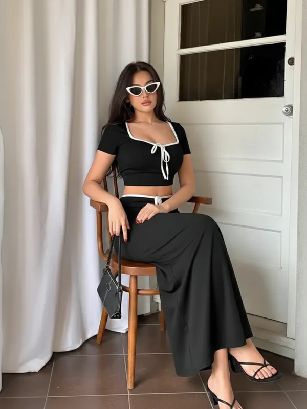 Ekeshwara_Black_Contrast_Trim_Two-Piece_Maxi_Set|_Model_Height_5.8inch_,_Fabric_All_Way_Stretchable
