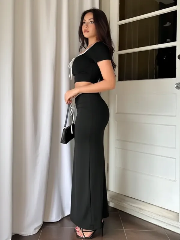 Ekeshwara_Black_Contrast_Trim_Two-Piece_Maxi_Set|_Model_Height_5.8inch_,_Fabric_All_Way_Stretchable
