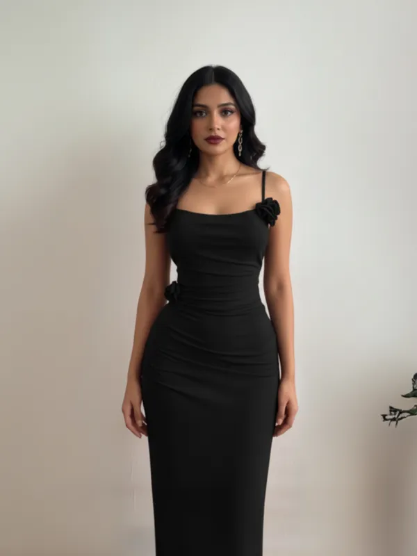 Black_Lace-Up_Back_Bodycon_Maxi_Dress_with_Floral_Accent|_Model_Height_5.8inch_,_Fabric_All_Way_Stretchable