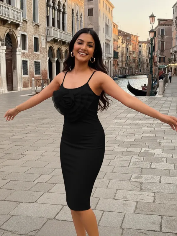 Black_Layered_Rosette_Bodycon_Dress_with_Thin_Straps|_Model_Height_5.8inch_,_Fabric_All_Way_Stretchable