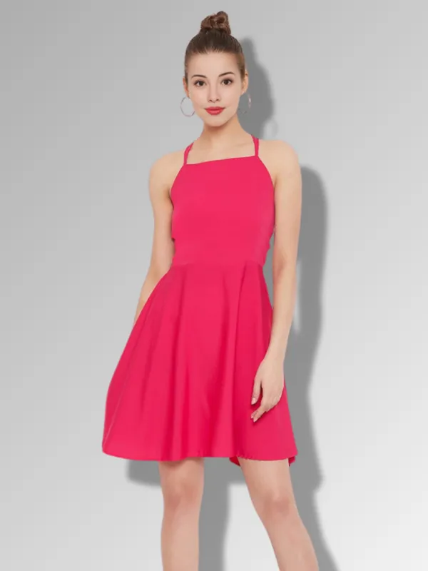 Pink_Padded_Crepe_Fit_&_Flare_Dress_For_Women|_Model_Height_5.8inch_,_Fabric_All_Way_Stretchable