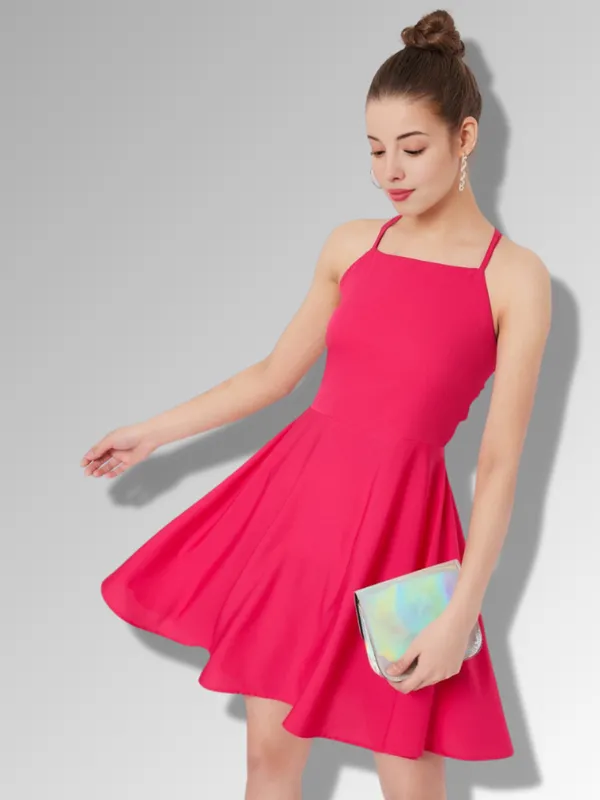 Pink_Padded_Crepe_Fit_&_Flare_Dress_For_Women|_Model_Height_5.8inch_,_Fabric_All_Way_Stretchable