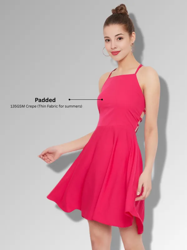 Pink_Padded_Crepe_Fit_&_Flare_Dress_For_Women|_Model_Height_5.8inch_,_Fabric_All_Way_Stretchable