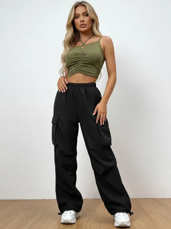 Olive_Ruched_Crop_Top_&_Cargo_Jogger_Pants_Set_For_Women|_Model_Height_5.8inch_,_Fabric_All_Way_Stretchable