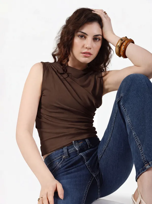 Draped_Boat-Neck_Sleeveless_Top|_Model_Height_5.8inch_,_Fabric_All_Way_Stretchable