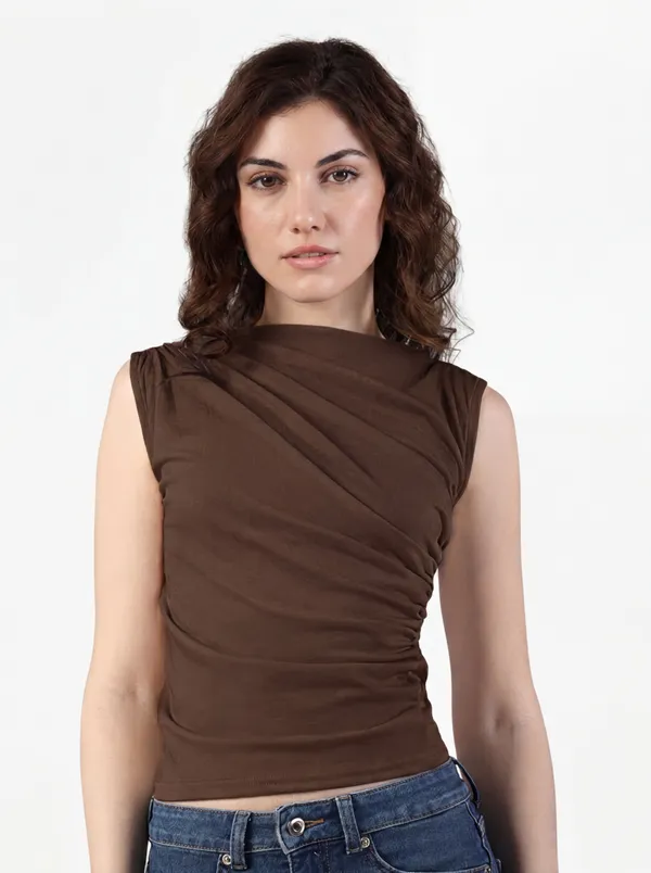 Draped_Boat-Neck_Sleeveless_Top|_Model_Height_5.8inch_,_Fabric_All_Way_Stretchable