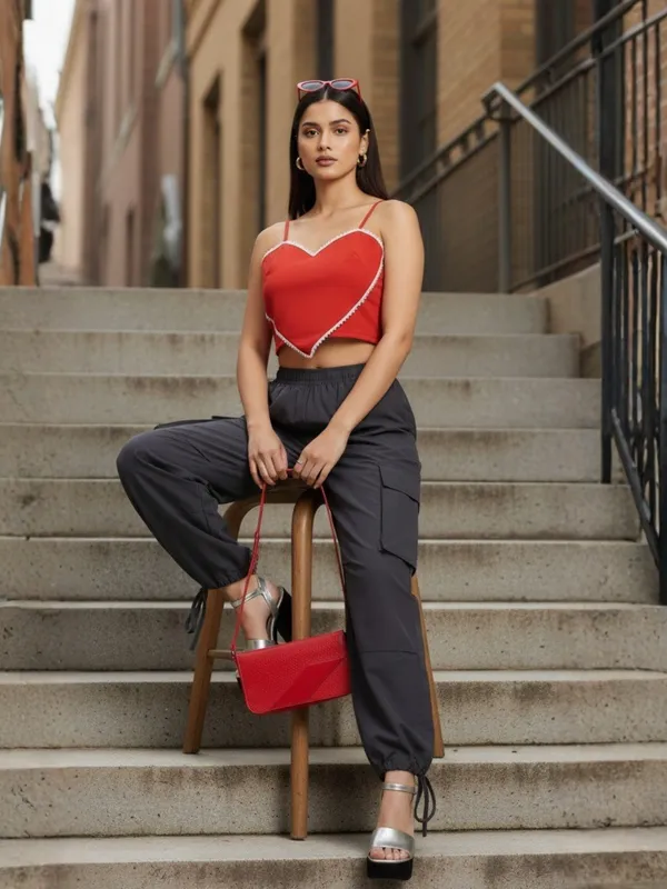 Red_Heart-Shaped_Crop_Top_&_Cargo_Pants_Co-Ord_Set_For_Women|_Model_Height_5.8inch_,_Fabric_All_Way_Stretchable