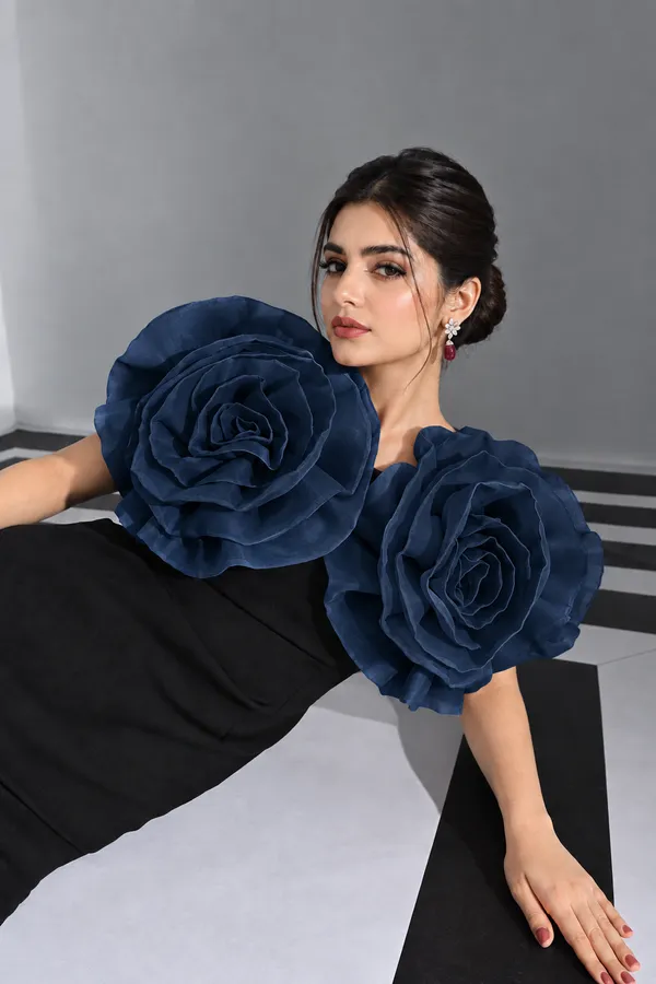 Ekeshwara_3D_Navy_Rose_Statement_Black_Midi_Dress_|_Model_Height_5.8inch_,_Fabric_All_Way_Stretchable