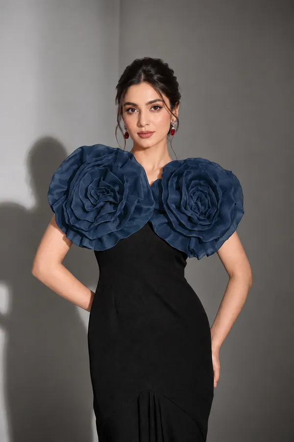 Ekeshwara_3D_Navy_Rose_Statement_Black_Midi_Dress_|_Model_Height_5.8inch_,_Fabric_All_Way_Stretchable
