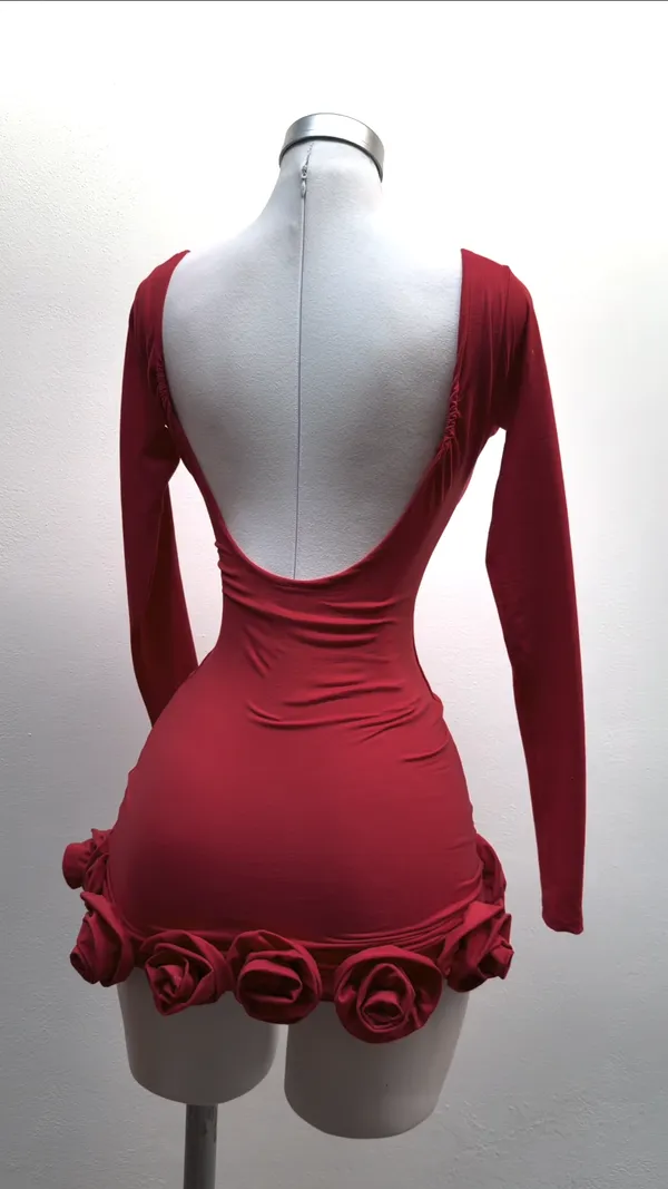 Ekeshwara_Asymmetric_Long-Sleeve_Rosette_Hem_Mini_Dress_–_Crimson_Ruby|_Model_Height_5.8inch_,_Fabric_All_Way_Stretchable