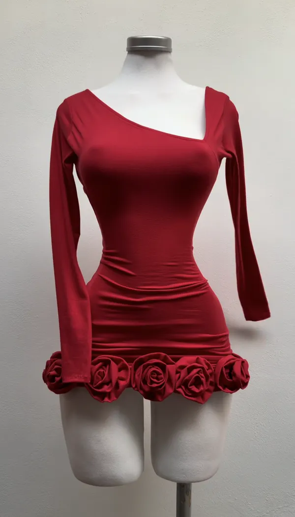 Ekeshwara_Asymmetric_Long-Sleeve_Rosette_Hem_Mini_Dress_–_Crimson_Ruby|_Model_Height_5.8inch_,_Fabric_All_Way_Stretchable