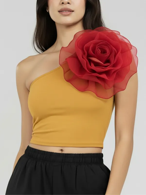 Ekeshwara_Asymmetric_Mustard_Crop_Top_with_Red_3D_Flower_&_Black_Cargo_Pants_Set|_Model_Height_5.8inch_,_Fabric_All_Way_Stretchable