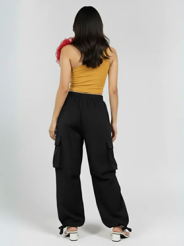Ekeshwara_Asymmetric_Mustard_Crop_Top_with_Red_3D_Flower_&_Black_Cargo_Pants_Set|_Model_Height_5.8inch_,_Fabric_All_Way_Stretchable