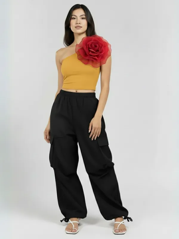 Ekeshwara_Asymmetric_Mustard_Crop_Top_with_Red_3D_Flower_&_Black_Cargo_Pants_Set|_Model_Height_5.8inch_,_Fabric_All_Way_Stretchable