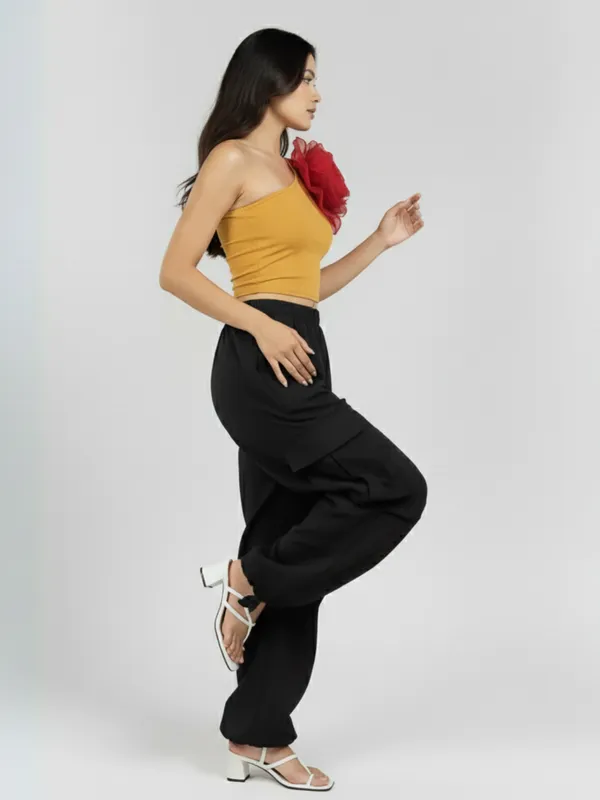 Ekeshwara_Asymmetric_Mustard_Crop_Top_with_Red_3D_Flower_&_Black_Cargo_Pants_Set|_Model_Height_5.8inch_,_Fabric_All_Way_Stretchable