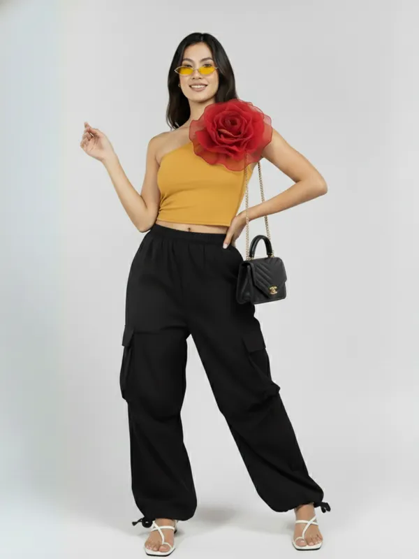 Ekeshwara_Asymmetric_Mustard_Crop_Top_with_Red_3D_Flower_&_Black_Cargo_Pants_Set|_Model_Height_5.8inch_,_Fabric_All_Way_Stretchable