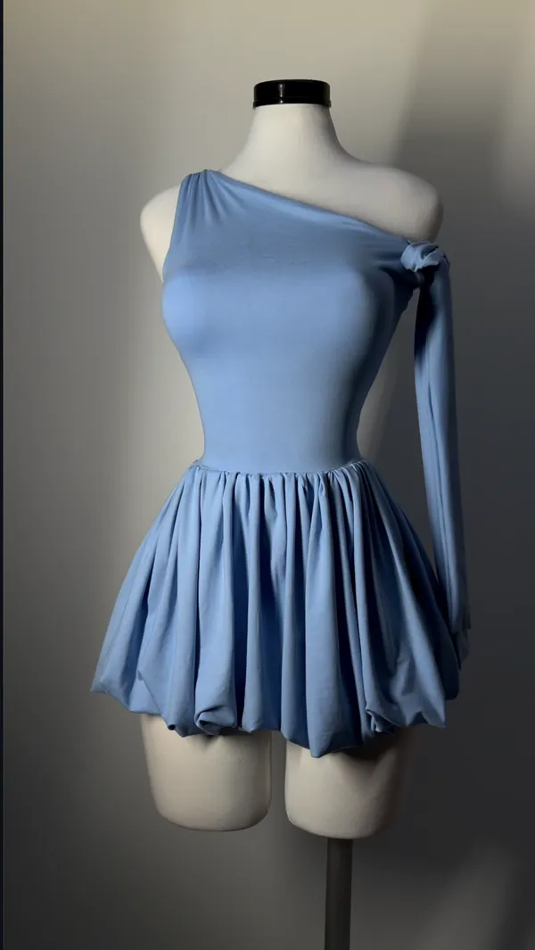 Ekeshwara_Asymmetric_One-Shoulder_Bubble_Dress_–_Powder_Cerulean_Blue|_Model_Height_5.8inch_,_Fabric_All_Way_Stretchable