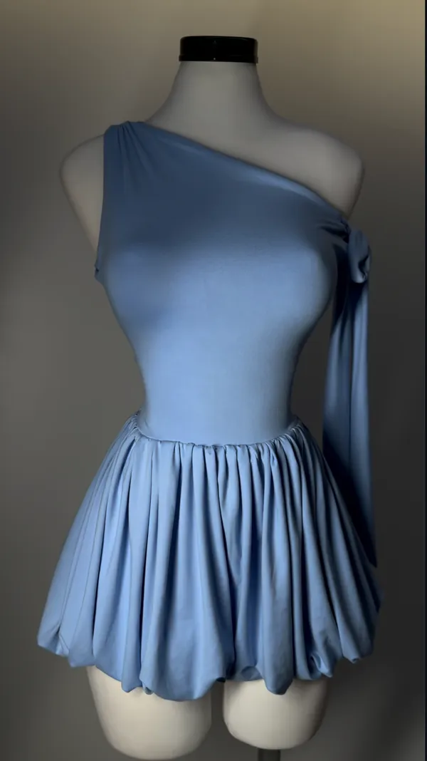 Ekeshwara_Asymmetric_One-Shoulder_Bubble_Dress_–_Powder_Cerulean_Blue|_Model_Height_5.8inch_,_Fabric_All_Way_Stretchable