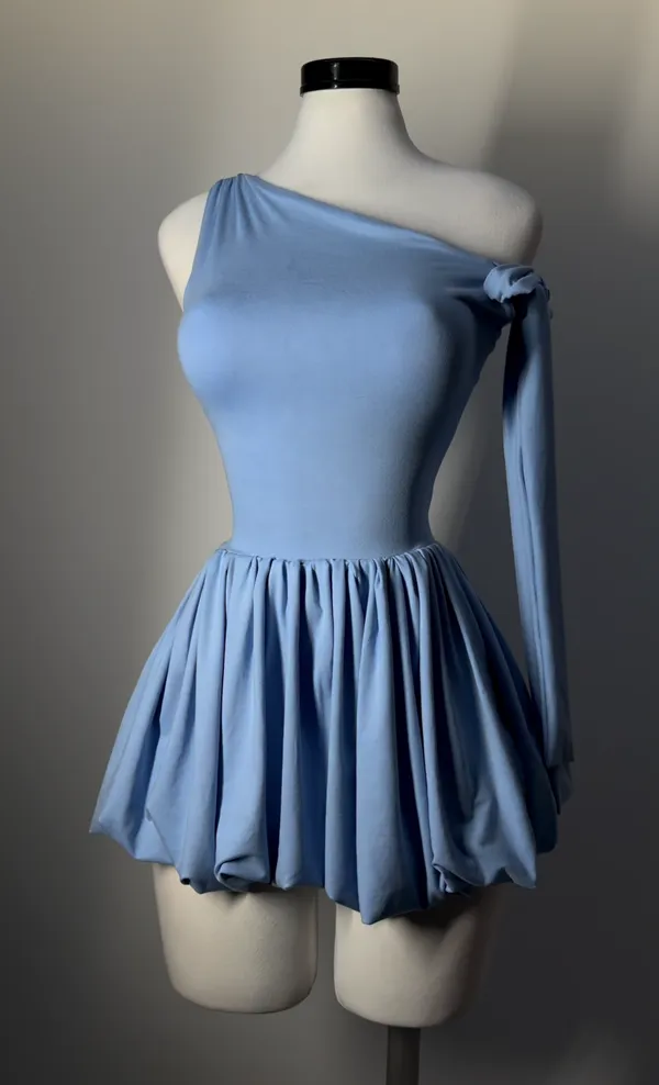 Ekeshwara_Asymmetric_One-Shoulder_Bubble_Dress_–_Powder_Cerulean_Blue|_Model_Height_5.8inch_,_Fabric_All_Way_Stretchable
