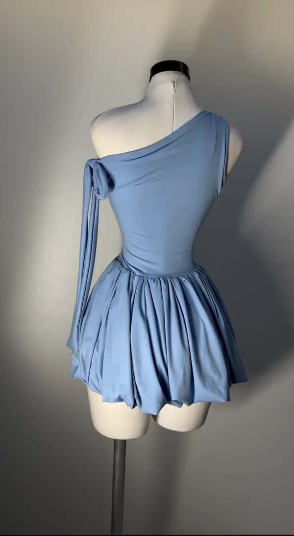 Ekeshwara_Asymmetric_One-Shoulder_Bubble_Dress_–_Powder_Cerulean_Blue|_Model_Height_5.8inch_,_Fabric_All_Way_Stretchable