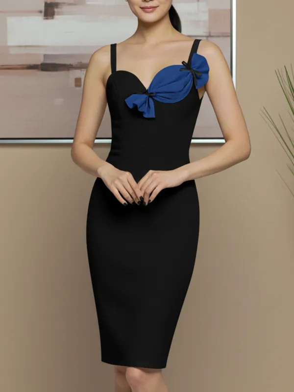 Ekeshwara_Black_Bodycon_Dress_with_Blue_Bow_Accent|_Model_Height_5.8inch_,_Fabric_All_Way_Stretchable
