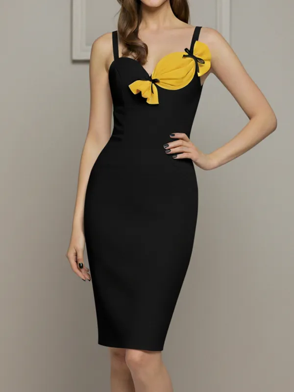 Ekeshwara_Black_Bodycon_Dress_with_Yellow_Bow_Accent|_Model_Height_5.8inch_,_Fabric_All_Way_Stretchable