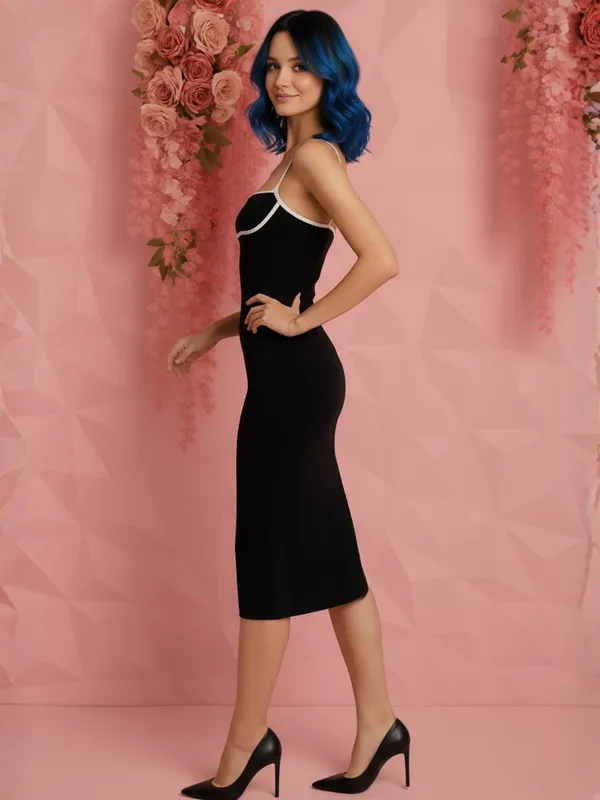 Ekeshwara_Black_Contrast_Trim_Square-Neck_Midi_Dress|_Model_Height_5.8inch_,_Fabric_All_Way_Stretchable