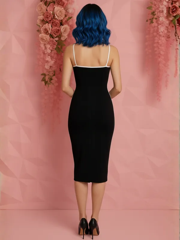 Ekeshwara_Black_Contrast_Trim_Square-Neck_Midi_Dress|_Model_Height_5.8inch_,_Fabric_All_Way_Stretchable