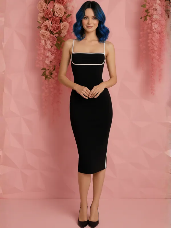 Ekeshwara_Black_Contrast_Trim_Square-Neck_Midi_Dress|_Model_Height_5.8inch_,_Fabric_All_Way_Stretchable