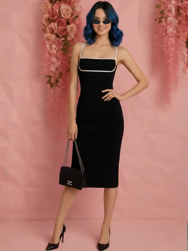 Ekeshwara_Black_Contrast_Trim_Square-Neck_Midi_Dress|_Model_Height_5.8inch_,_Fabric_All_Way_Stretchable