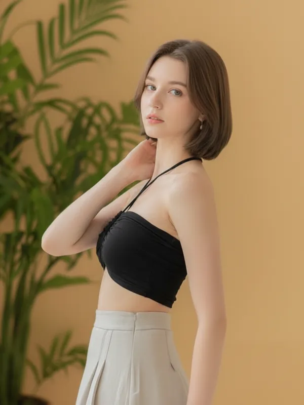 Ekeshwara_Black_Crisscross_Halter_Keyhole_Crop_Top|_Model_Height_5.8inch_,_Fabric_All_Way_Stretchable