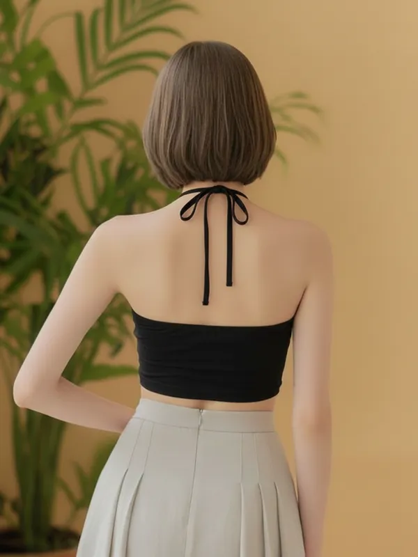Ekeshwara_Black_Crisscross_Halter_Keyhole_Crop_Top|_Model_Height_5.8inch_,_Fabric_All_Way_Stretchable