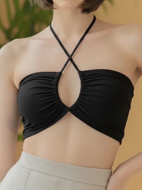 Ekeshwara_Black_Crisscross_Halter_Keyhole_Crop_Top|_Model_Height_5.8inch_,_Fabric_All_Way_Stretchable